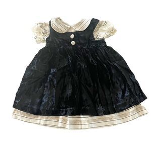 Donna Capozzi Kids 3T Dress Beige Woven Collared Baby Doll Dress Velvet Pinafore